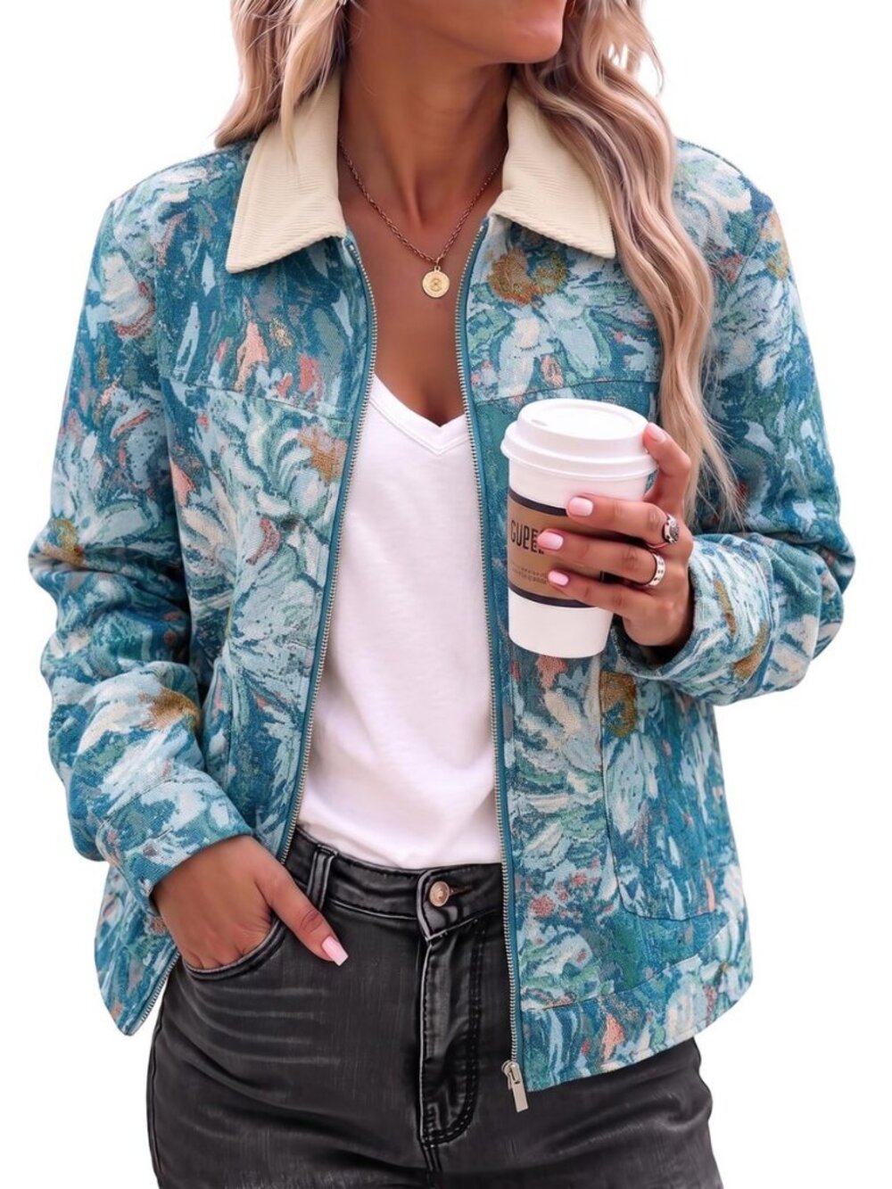 Jackets for Women Casual Long Sleeve Floral Print Jacquard Coats